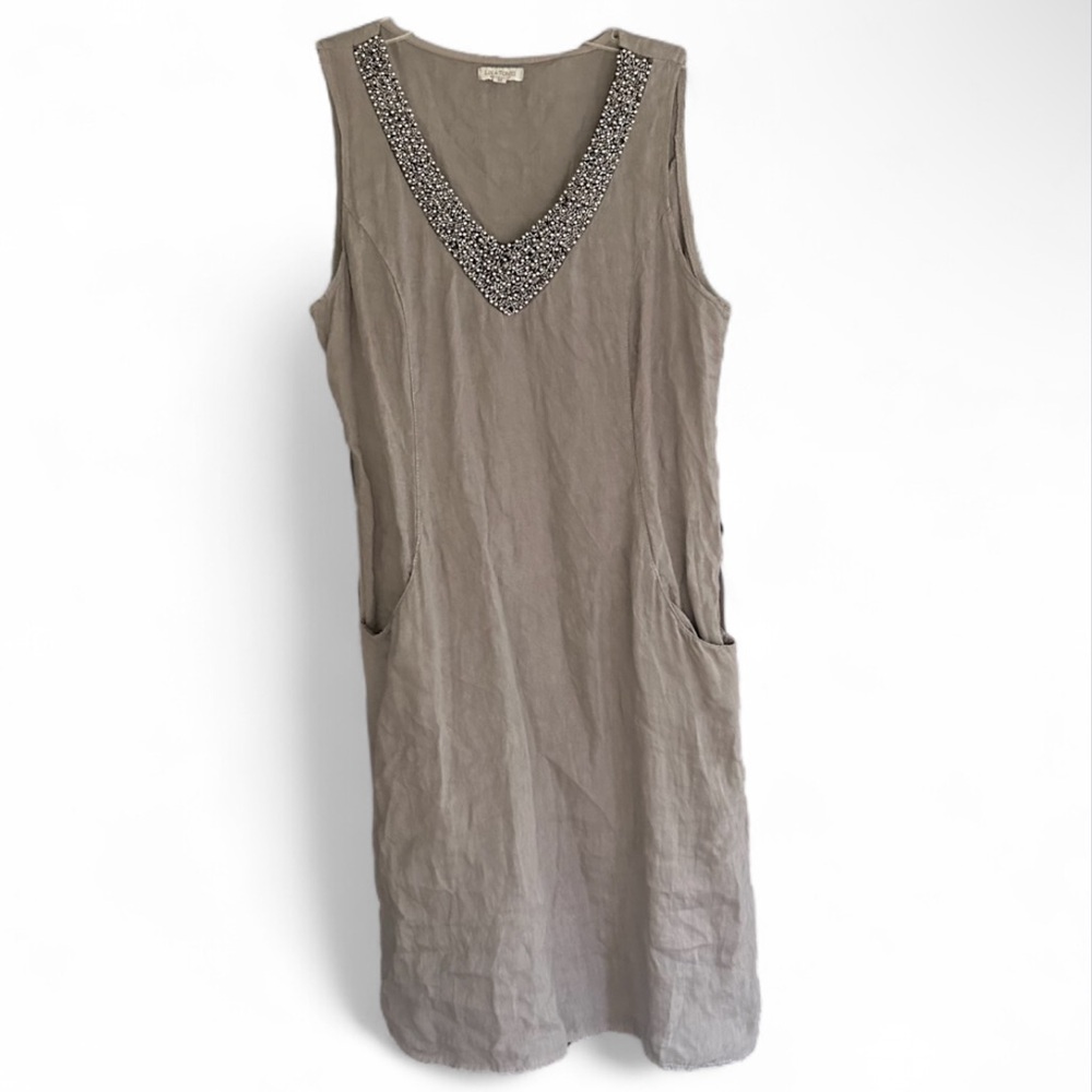 LINA TOMEI Linen Beaded Dress Italy Made Lagenlook Boho Resort Travel Artsy Sz M